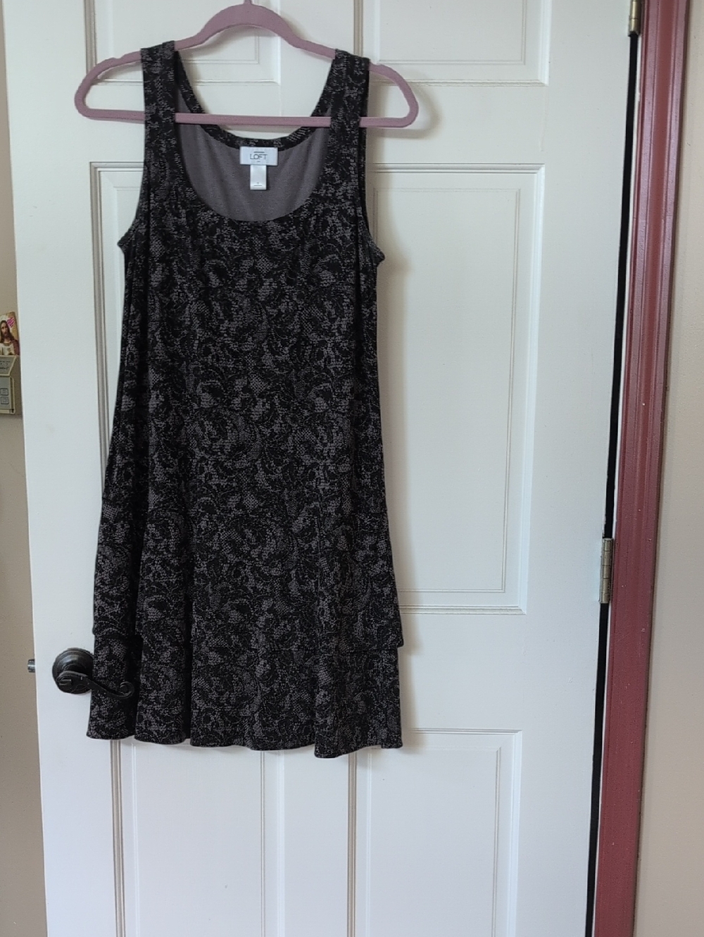 LOFT Black Floral Scoop Neck A-Line Mini Dress
